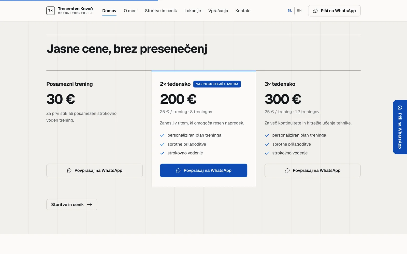 Pricing section 'Jasne cene, brez presenečenj' with three training plans, each with its own WhatsApp button