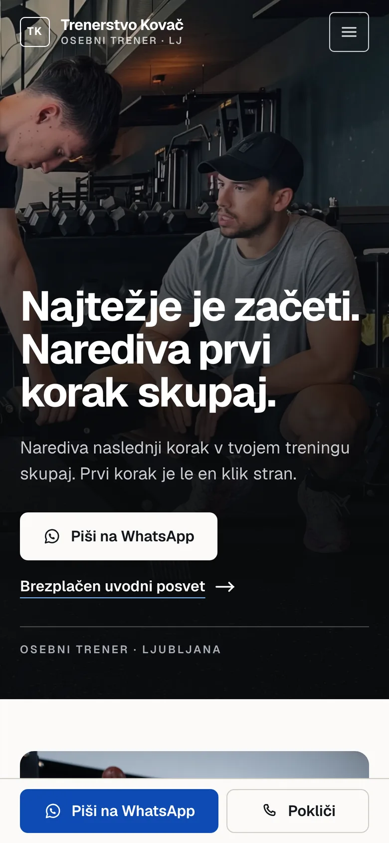 Mobile view of the homepage, with a sticky bar offering WhatsApp and call buttons