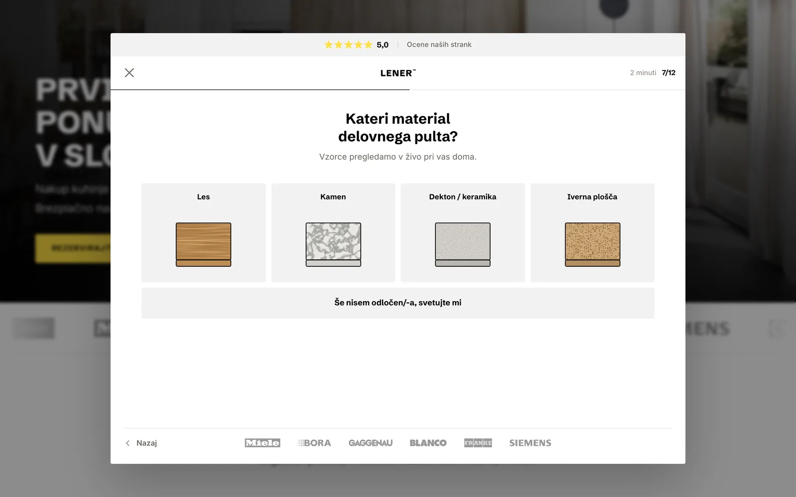 Inquiry flow: picking the worktop material from photo swatches of wood, stone, Dekton and chipboard