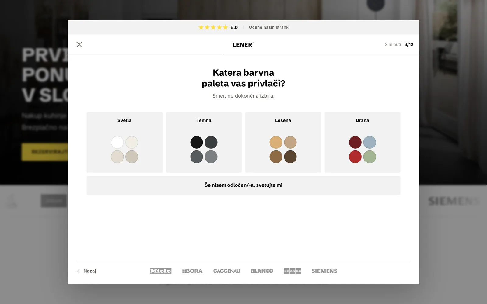 Inquiry flow: choosing a colour palette (light, dark, wood or bold)
